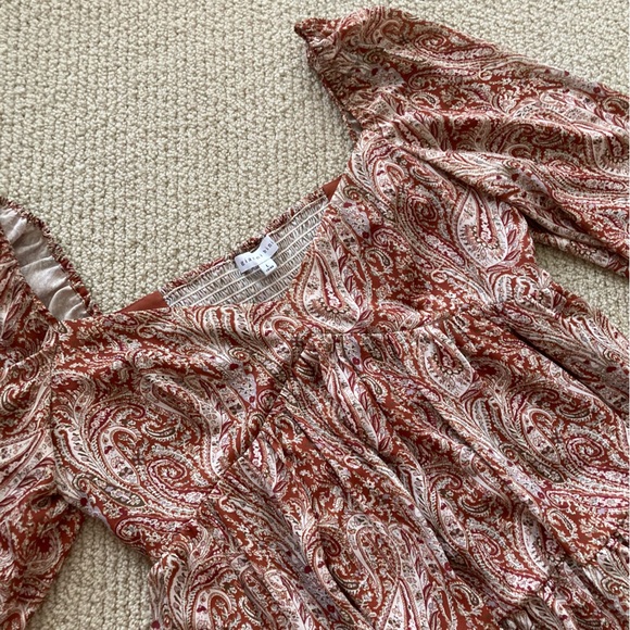 Gianni Bini Smocked Puff Sleeve Dress Square Neck Paisley Brown Size Large VEUC - Picture 4 of 12